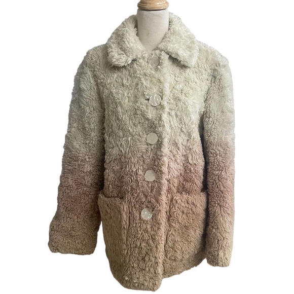 ANTHROPOLOGIE Ombre Cream, Tan & Pink Faux Fur Button-Up Coat, Size XS - Picture 1 of 2